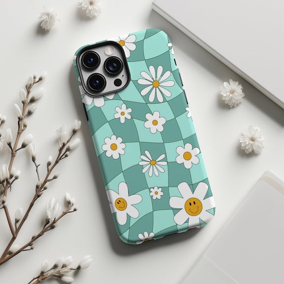 Turquoise Twisted Grid Phone Case with Cute Daisy Smiley Art 17 through 11 Pro Max