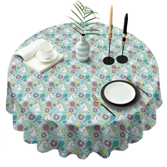 Turquoise Unicorn Dessert Pattern Round Tablecloth 60"x60",Wrinkle Wipeable Table Cloth for Kitchen Dining Room Picnic Patio Party