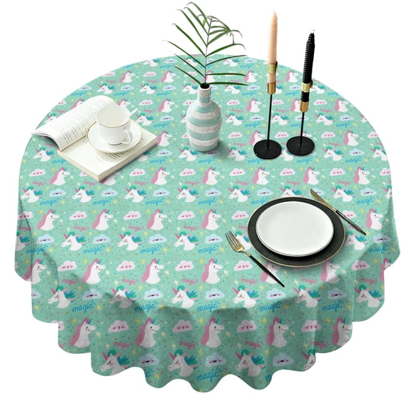Turquoise Unicorn Magic Pattern Round Tablecloth 60"x60",Wrinkle Wipeable Table Cloth for Kitchen Dining Room Picnic Patio Party