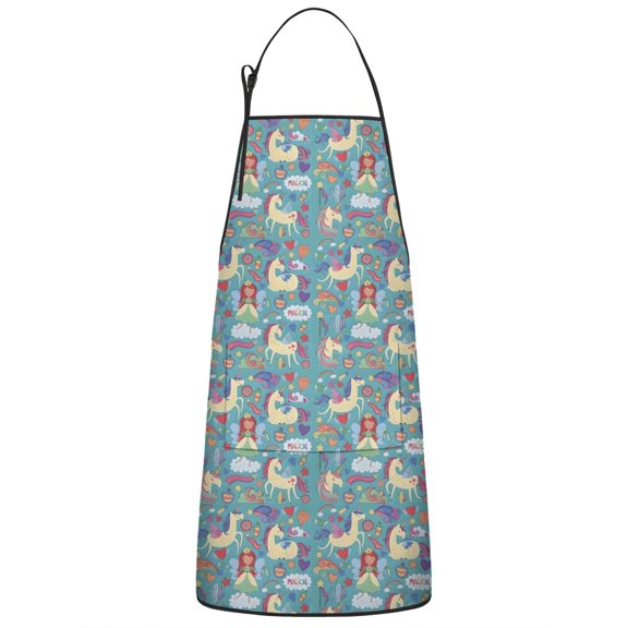 Turquoise Unicorn Magical Pattern Apron-Garden Aprons for Women with Pockets-Cotton Linen Waterproof Kitchen Cooking Gardening Aprons Adjustable for Kitchen,Cooking,BBQ and Salon 33x27 Inch