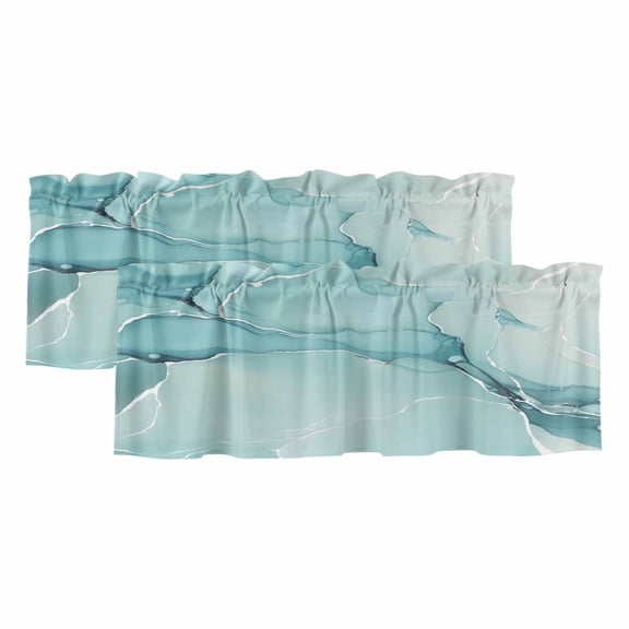 Turquoise Valances for Windows, Light Filtering Kitchen Curtain Valances 2 Panels, Modern Marble Ink Painting Abstract Art Rod Pocket Short Window Treatments for Living Room Bedroom 42"Wx12"L