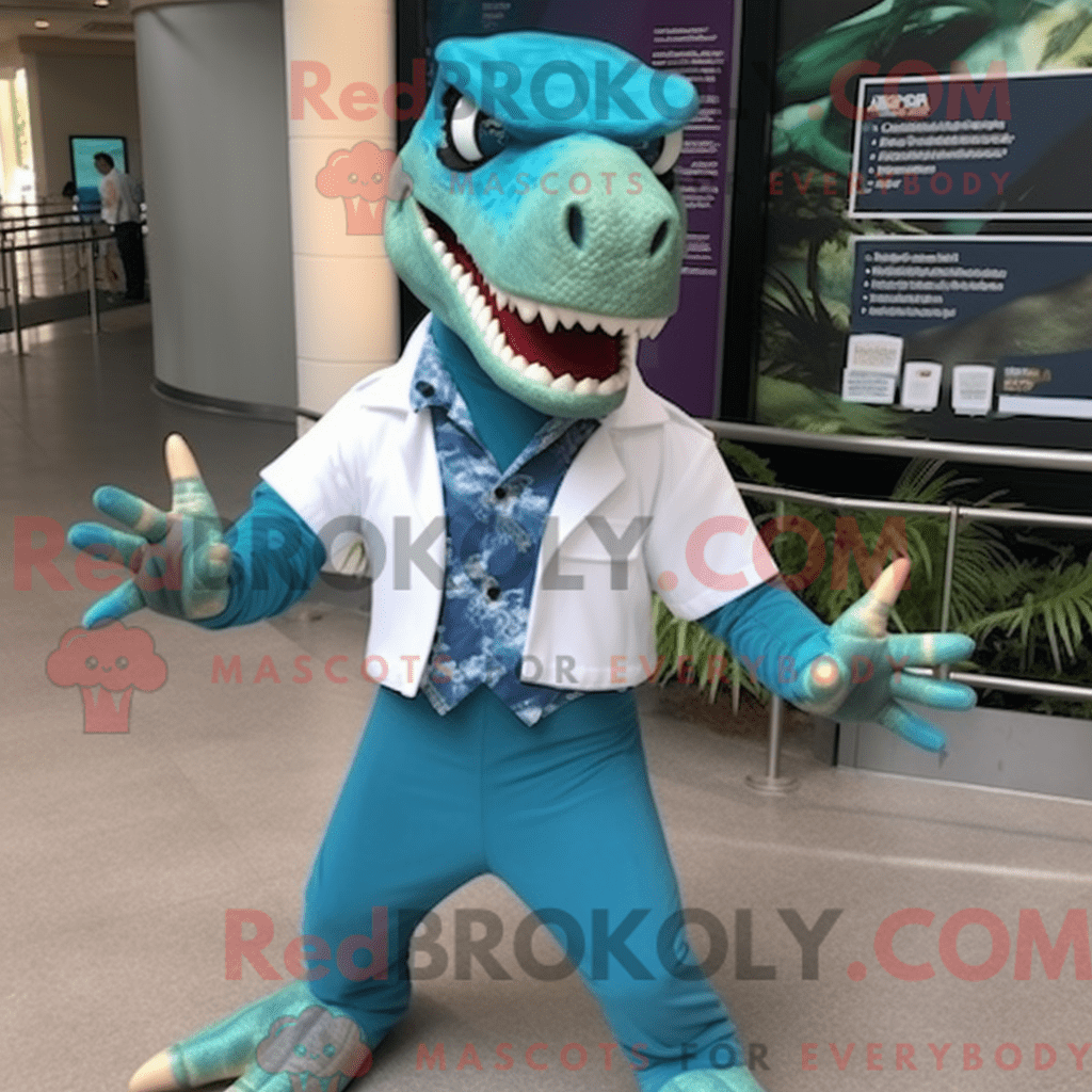 Turquoise Velociraptor REDBROKOLY mascot costume character dressed with ...