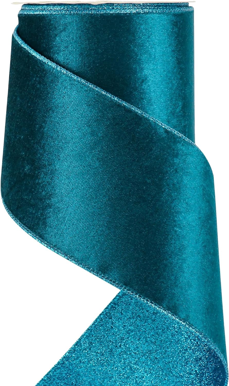 Turquoise Velvet Wired Ribbon 4 inch Christmas Tree Ribbon Double-Sided Glitter Turquoise Blue for Trees, Wreaths, Bows, Garland, Crafts-10 Yards