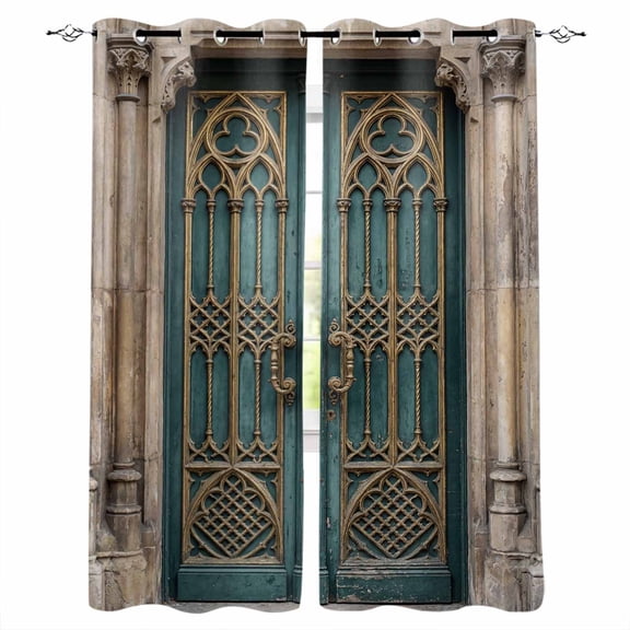 Turquoise Vintage Door Blackout Curtains for Bedroom, Countryside Barn Abstract Art Thermal Insulated Kitchen Drapes with Grommets, Light Blocking Window Treatment, 2 Panels 52" x 96"