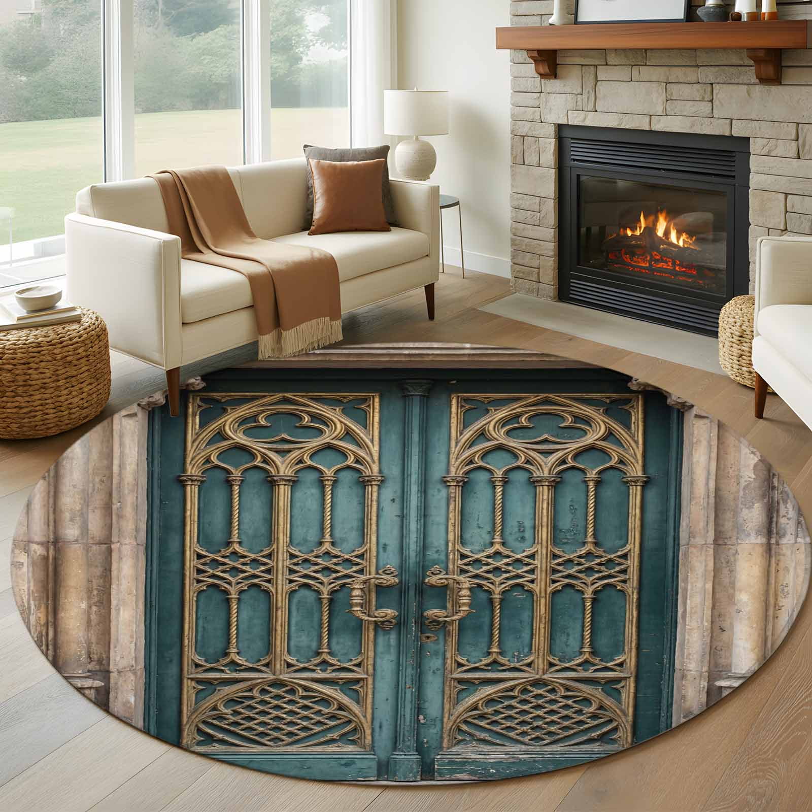 Turquoise Vintage Door Round Rug 8ft Washable Circle Rugs Non Slip ...