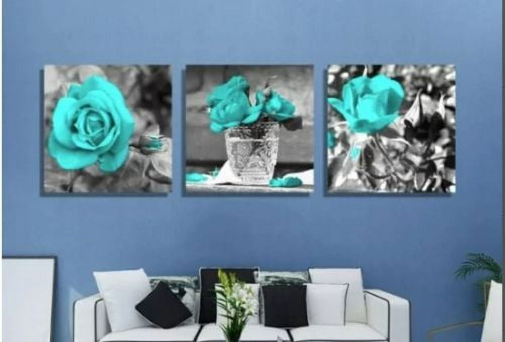 Turquoise Wall Decor Piece Canvas Wall Art Teal Blue Rose Flowers Pictures  Painting Unframed Artwork for Gallery Bedroom Bathroom Living Room, 12x12