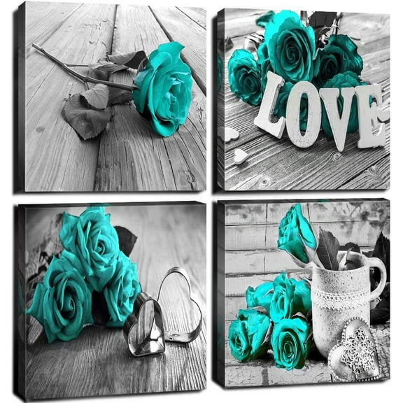Turquoise Wall Decor Teal Rose Pictures Wall Art for Kitchen Bathroom Accessories Retro Flower Canvas Prints Black and White Floral Love Sign Paintings Modern Artwork Home Decorations 14x14 4 Set