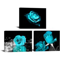Turquoise Wall Decor for Bedroom 3 Piece Canvas Wall Art Teal Blue Rose Flowers Pictures Prints Black and White Painting Artwork (only canvas)
