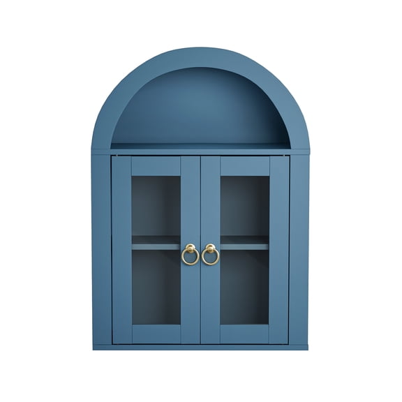 Turquoise Wall Mounted Arched Cabinet with Glass Doors and LED Light for Bathroom, Kitchen, Laundry Room Storage, 23.7x9.4x31.5 Inches