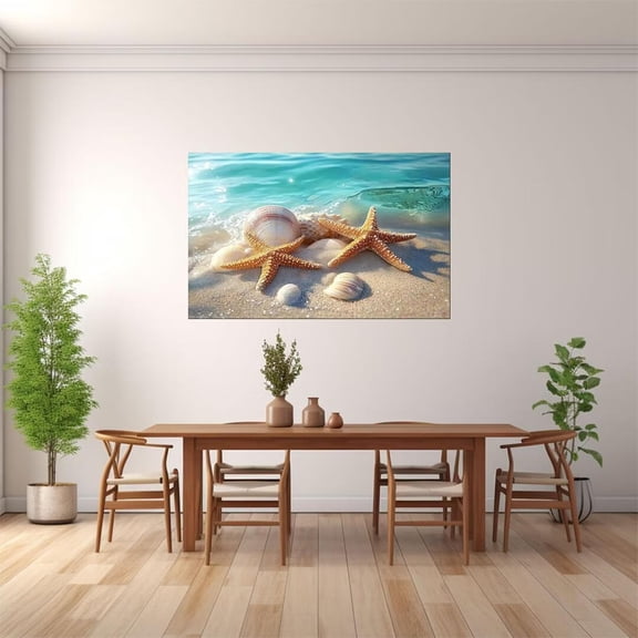 Turquoise Water Starfish Shell Framed Canvas Wall Art, Simple Decor for Living Room Office Bedroom Ready to Hang12"L x 8"W