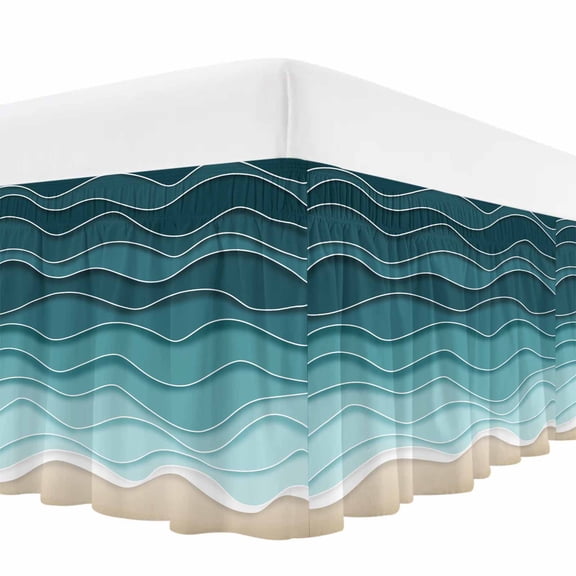 Turquoise Waves Bed Skirt Cal King Size,Simple Ombre Abstract Sea Waves Art Wrap Around Bed Skirting with Adjustable Elastic Strap,Dust Ruffled Pleated Bedskirts 18 Inch Drop for Bedroom Beds