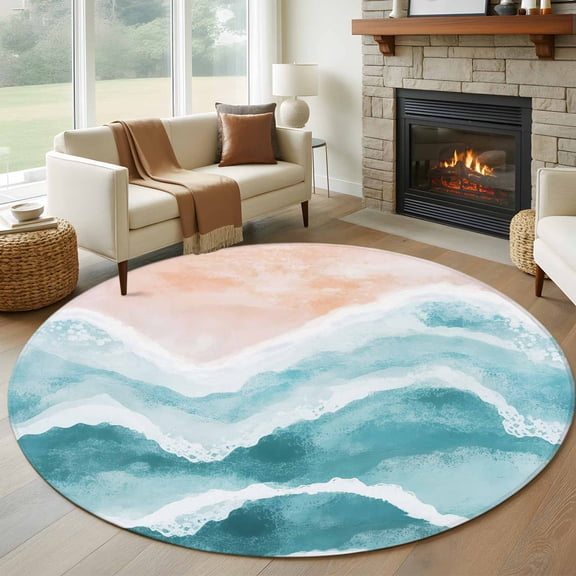 Turquoise Waves Coastal 5ft Round Rug, Teal Ombre Summer Beach Oceans Non-Skid Rubber Backing Large Area Rugs - Living Room Bedroom Home Office, Indoor Floor Mat Carpets Washable Rug