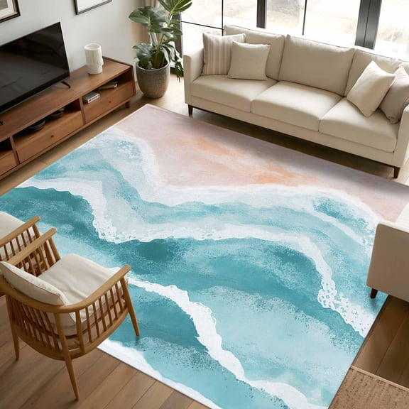 Turquoise Waves Coastal 6x9 Area Rugs, Teal Ombre Summer Beach Oceans Non-Skid Rubber Backing Large Rectangle Rugs - Living Room Bedroom Home Office, Indoor Floor Mat Carpets Washable Rug
