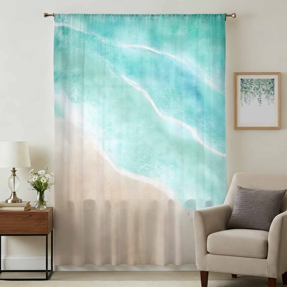 Turquoise Waves Coastal Sheer Curtains 45 Inches Long for Bedroom, Seaside Summer Beach Ocean Light Filtering Privacy Drapes, Breathable Semi Sheer Short Window Treatment for Kitchen Cafe Bathroom