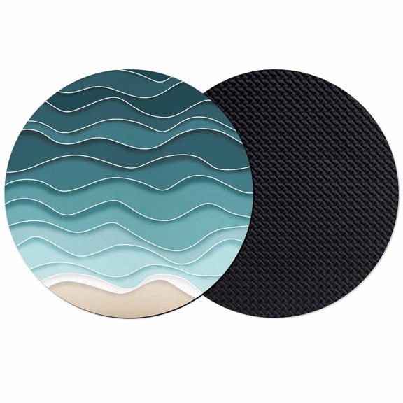 Turquoise Waves Coasters Set of 2, Simple Ombre Abstract Sea Waves Art Absorbent Coasters for Drinks, Coaster for Bar Office Dining Coffee Table Accessories Decor, Non Slip Round Desk Coaster