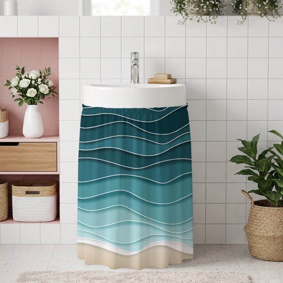 Turquoise Waves Small Cabinet Curtain 11''x13'', Simple Ombre Abstract Sea Waves Art Bathroom Sink Skirt for Kitchen Vanity Pedestal, Laundry Privacy Drape Waterproof Dishwasher Curtains