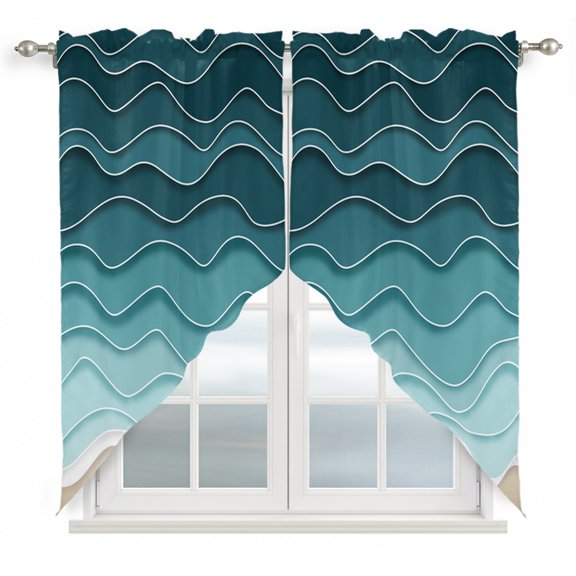 Turquoise Waves Swag Curtain Valances, Simple Ombre Abstract Sea Waves Art Kitchen Valance for Window, Rod Pocket Topper Drapes for Bedroom Bathroom Basement 2 Panels Window Treatment 36"x45"