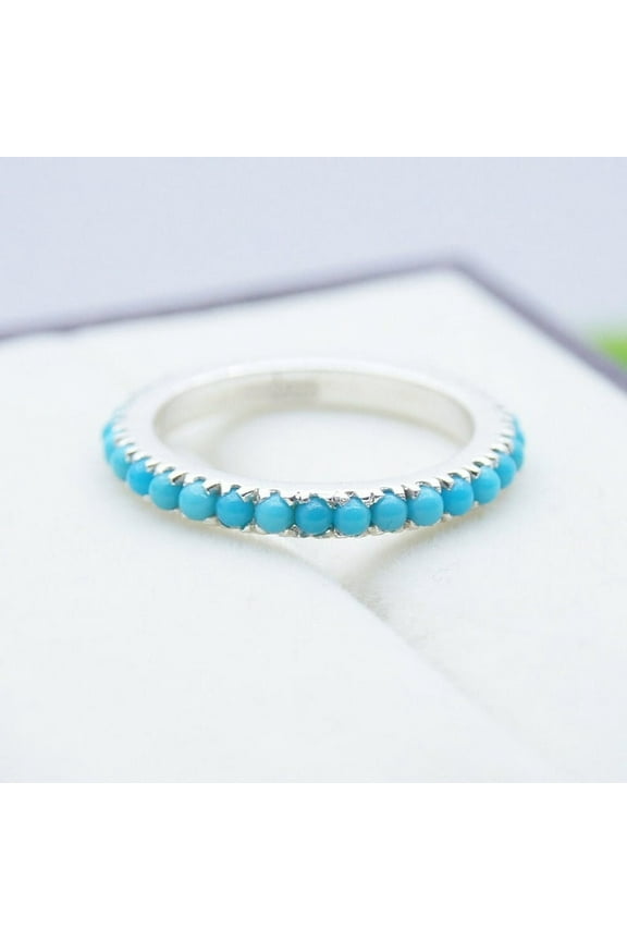 Turquoise Wedding Band, Sterling Silver Band, Turquoise Full Eternity Band, Stacking Band, Birthstone Dainty Jewelry, Anniversary Gift,