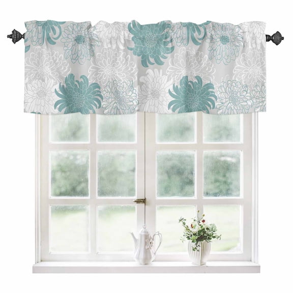 Turquoise White Floral Kitchen Valances for Windows 42x12 Inch Kitchen Curtains Valances Rod Pocket Elegant Chrysanthemum Farmhouse Bathroom Window Valances for Window Treatment Decor