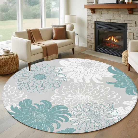 Turquoise White Floral Large Round Rug 8 FT, Non Slip Living Room Area Carpet, Elegant Chrysanthemum Farmhouse Washable Soft Circle Rug Non-Shedding Floor Carpet for Bedroom Office Dining Room