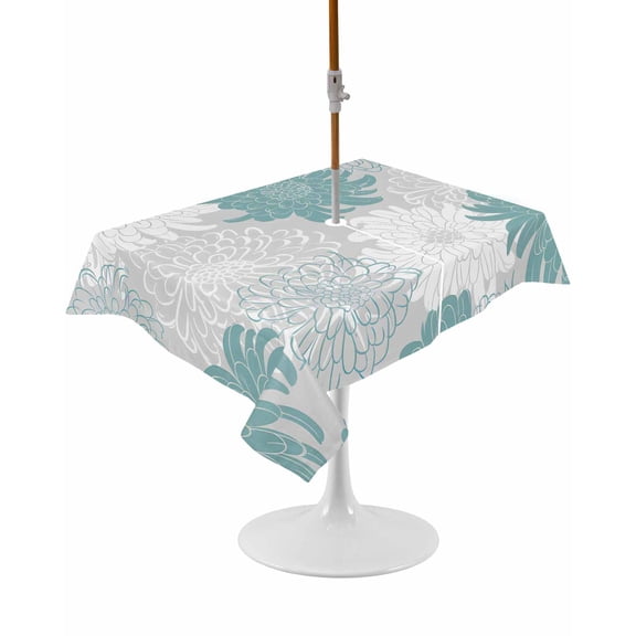 Turquoise White Floral Rectangle Outdoor Tablecloth, Waterproof Table Cloth Cover with Umbrella Hole and Zipper, Elegant Chrysanthemum Farmhouse Table Protector for Patio Party Picnic 52"x70"