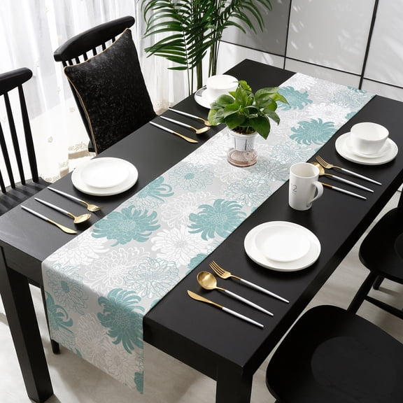 Turquoise White Floral Table Runner 36 Inches Small - Elegant Chrysanthemum Farmhouse Kitchen Dining Burlap Linen Tablerunner for Small/Round/Square/Wedding/Coffee/Dining Table Party Décor 13 x 36