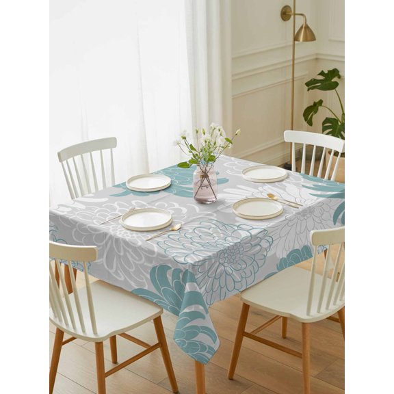 Turquoise White Floral Tablecloth Rectangle Table Cloth 52x70, Waterproof Tablecloth Outdoor Table Cloth, Elegant Chrysanthemum Farmhouse Washable Table Cover for Kitchen Dinning Party