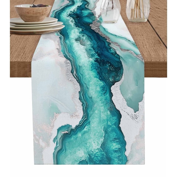 Turquoise White Marble Table Runner Cotton Linen 108 Inch Holiday Dresser Scarves, Modern Art Abstract Marble Crack Tablerunner for Kitchen Coffee Dining Bedroom Dinner Scarf Décor 13''x108''