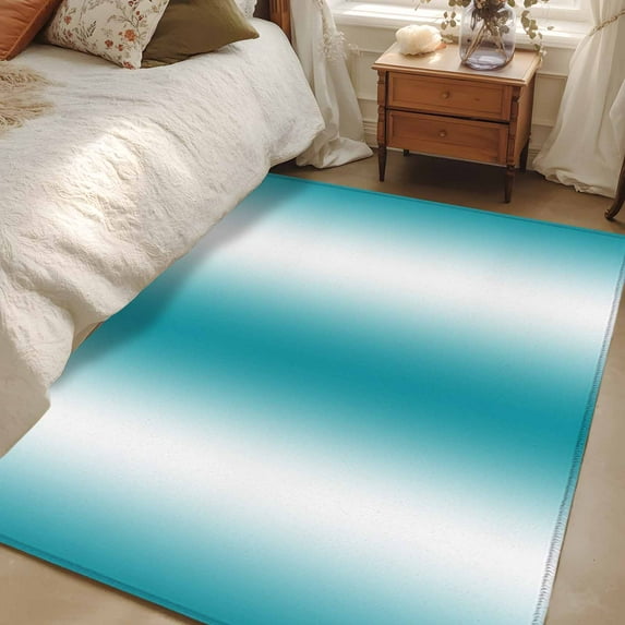Turquoise White Ombre 3x5 Area Rugs, Abstract Art Modern Teal Gradient Non-Skid Rubber Backing Large Rectangle Rugs - Living Room Bedroom Home Office, Indoor Floor Mat Carpets Washable Rug