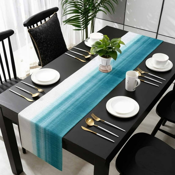 Turquoise White Ombre Cotton Linen Small Table Runner 13 x 60 inch Modern Country Abstract Stripes Non-slip Rectangular Dining Table Decor for Wedding Party Holiday Dinner