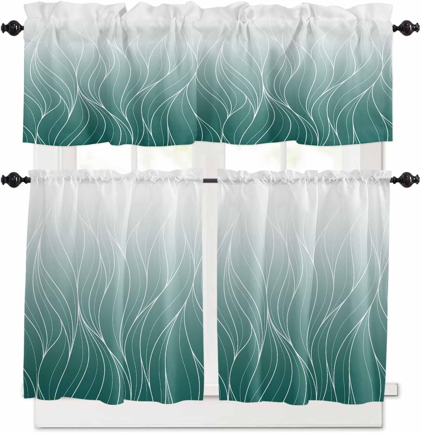 Turquoise White Ombre Kitchen Curtains and Valances Set, Rod Pocket Curtains Tier Farmhouse ...