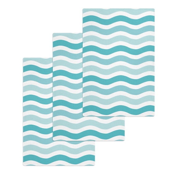 Turquoise White Ombre Kitchen Dish Towels for Drying Dishes Set of 3, Modern Geometric Gradient Ocean Striped Waffle Weave Microfiber Hand Tea Bathroom Towels Quick Dry & Absorbent Towel 15.7x23.6