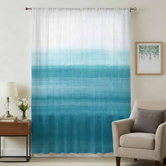 Turquoise White Ombre Sheer Curtains 45 Inches Long, Modern Country Abstract Stripes Light Filering Curtains, Breathable Simi Curtain Privacy Drapes for Kitchen Bathroom Small Window Treatment
