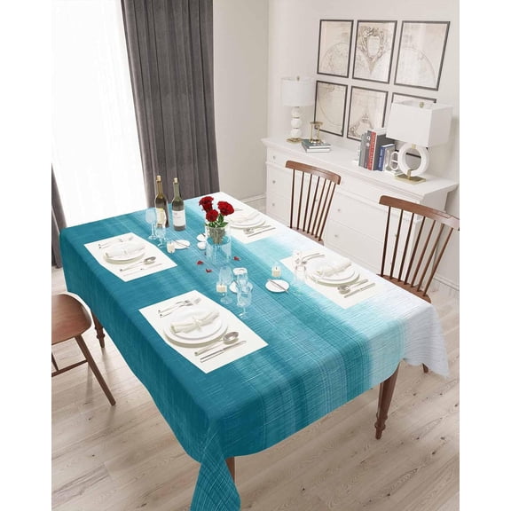 Turquoise White Ombre Table Cloth Waterproof Tablecloths, Modern Country Abstract Stripes Tablecloth Dining Table Cover Cloth for Kitchen Party Outdoor Tabletop Decor, Rectangle Tablecloth 60x84 Inch