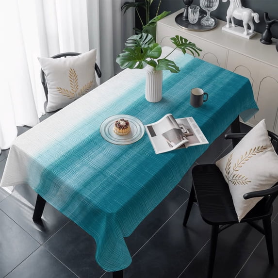 Turquoise White Ombre Table Cloth Waterproof Tablecloths, Modern Country Abstract Stripes Tablecloth Dining Table Cover for Kitchen Party Tabletop Outdoor, Rectangle Tablecloth 60x120 Inch
