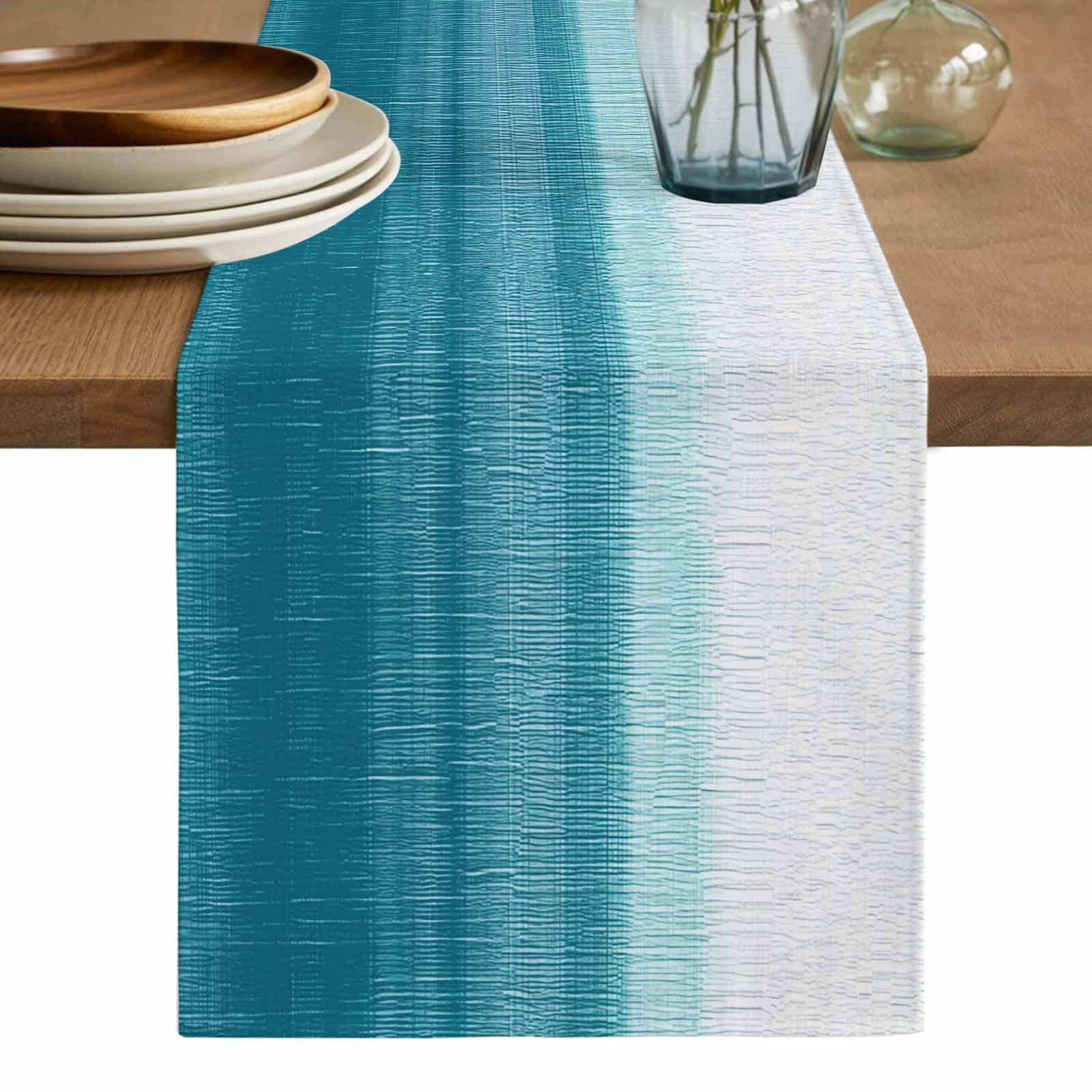 Turquoise White Ombre Table Runner, Modern Country Abstract Stripes Washable Cotton Linen Table Runners 120 Inches Long, Dresser Scarf Runner for Dining/Living Room/Kitchen/Square Tables 13''x120''