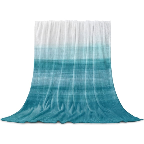 Turquoise White Ombre Throw Blanket for Couch, Soft Lightweight Flannel Fleece Blanket, Modern Country Abstract Stripes Microfiber Plush All Season Decorative Blankets Gifts for Sofa Bed 50"x60"