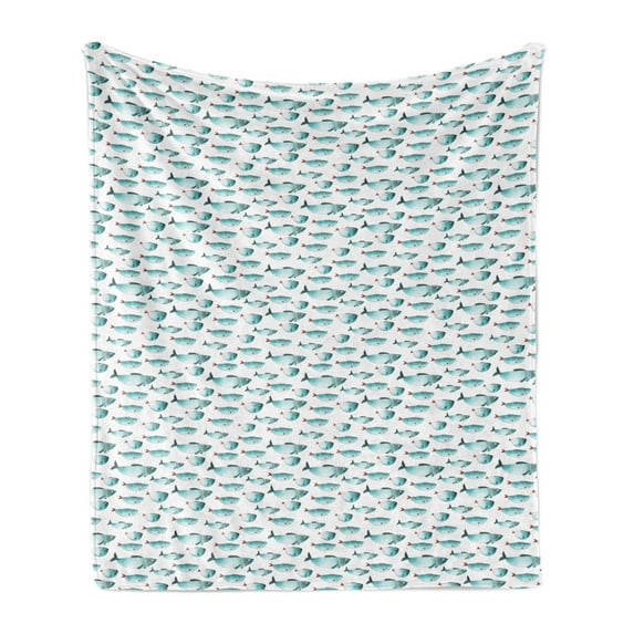 Turquoise and White Soft Flannel Fleece Throw Blanket, Marine Pattern Watercolor Fishes Nautical Aquatic Life, Cozy Plush for Indoor and Outdoor Use, 50" x 60", Turquoise Teal and Ruby, by Ambesonne