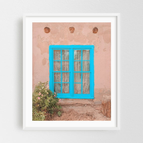 Turquoise Window - Taos, New Mexico - Taos New Mexico Photography Rustic Vintage Architecture Pastel Floral Farmhouse Boho White Framed Wall Art Print 18 x 24 inches