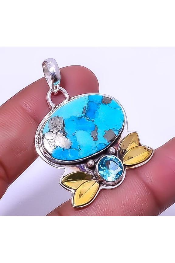 Turquoise With Pyrite - Kingman Mines 925 Sterling Silver Two Tone Pendant 1.72" A396, Beautiful Jewelry For Woman &, New Year Sale, Valentin's Day Gi