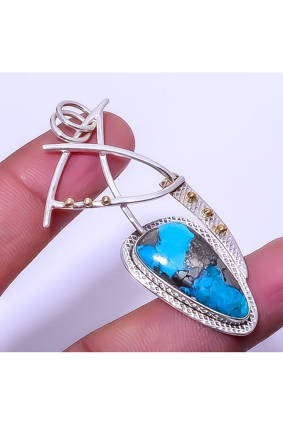 Turquoise With Pyrite - Kingman Mines 925 Sterling Silver Two Tone Pendant 2.34" A330, Beautiful Jewelry For Woman &, New Year Sale, Valentin's Day Gi
