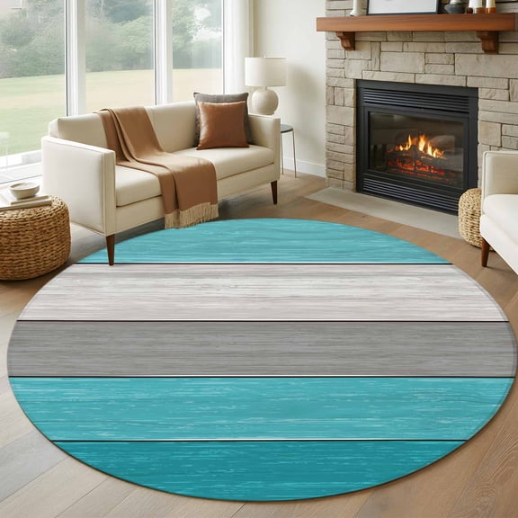 Turquoise Wood Grain 7ft Round Rug for Living Room Conversation Area, Vintage Turquoise Gradient Grey Rustic Wooden Plank Washable Non Slip Large Circle Area Rug
