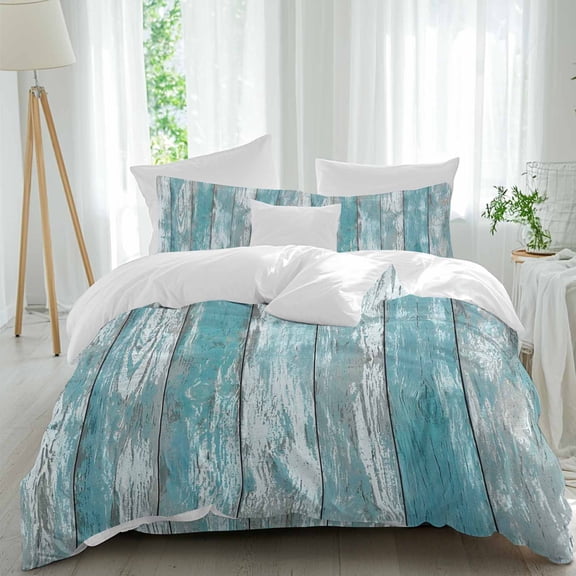 Turquoise Wood Grain Comforter Set California King Size, Coastal Bleached Shiplap Teal Blue Stripes Soft Bedding Set for Man Woman, 4 Pieces Duvet Cover Set with Flat Sheet, 2 Pillowcases