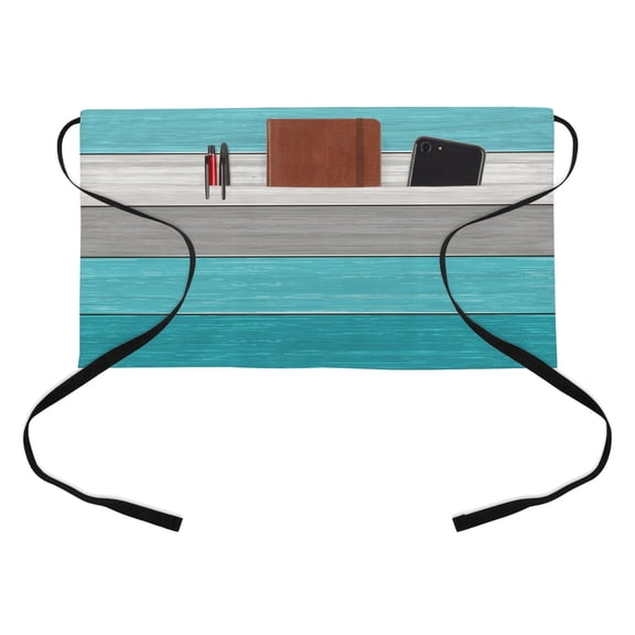 Turquoise Wood Grain Kitchen Restaurant Half Waist Apron, Vintage Turquoise Gradient Grey Rustic Wooden Plank Server Short Apron with 3 Pockets Waterproof Oil Waist Aprons for Women Waitress Waiter