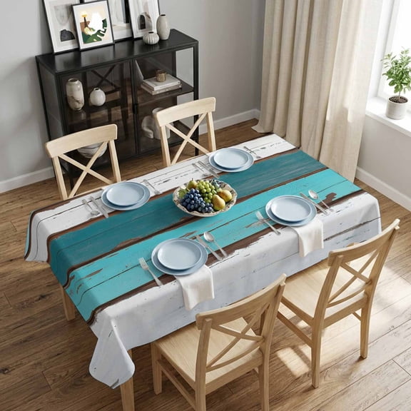 Turquoise Wood Grain Rectangle Tablecloth 52x70 Inch Ocean Blue Rustic Farmhouse Wood Waterproof Polyester Tablecloth for Dining Table, Washable Table Cover for Kitchen Dining Room Wedding
