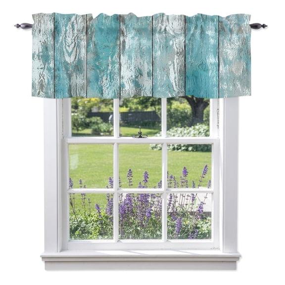 Turquoise Wood Grain Valances for Windows, Coastal Bleached Shiplap Teal Blue Stripes Valance Window Treatment Rod Pocket Short Curtains Valances for Kitchen Bathroom 54"W x 18"L