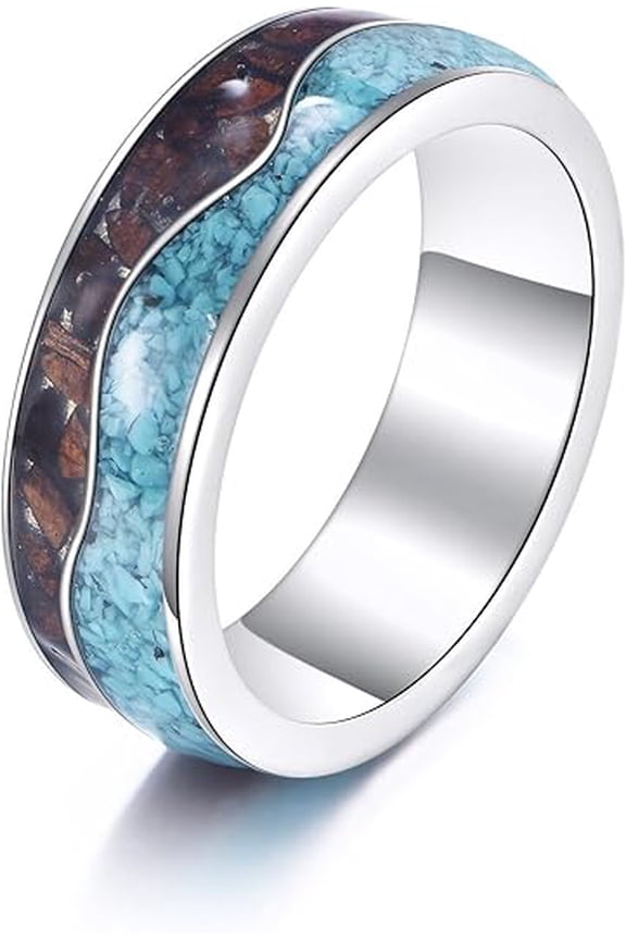 Turquoise Wood Ring for Men Women S925 Sterling Silver Women Whiskey Barrel Wood Grain Inlay Wedding Promise Engagement Band