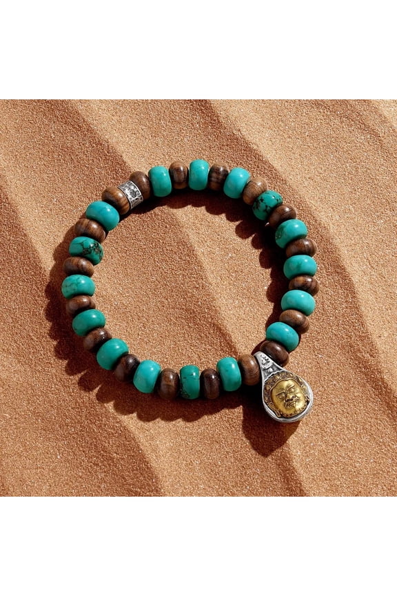 Turquoise Wood rondelle Beaded Bracelet with Sterling Silver Buddha Charm Stretch Gemstone Bracelet for Calm Balance and Grounding, Deflect Negativity Bracelet for Adult