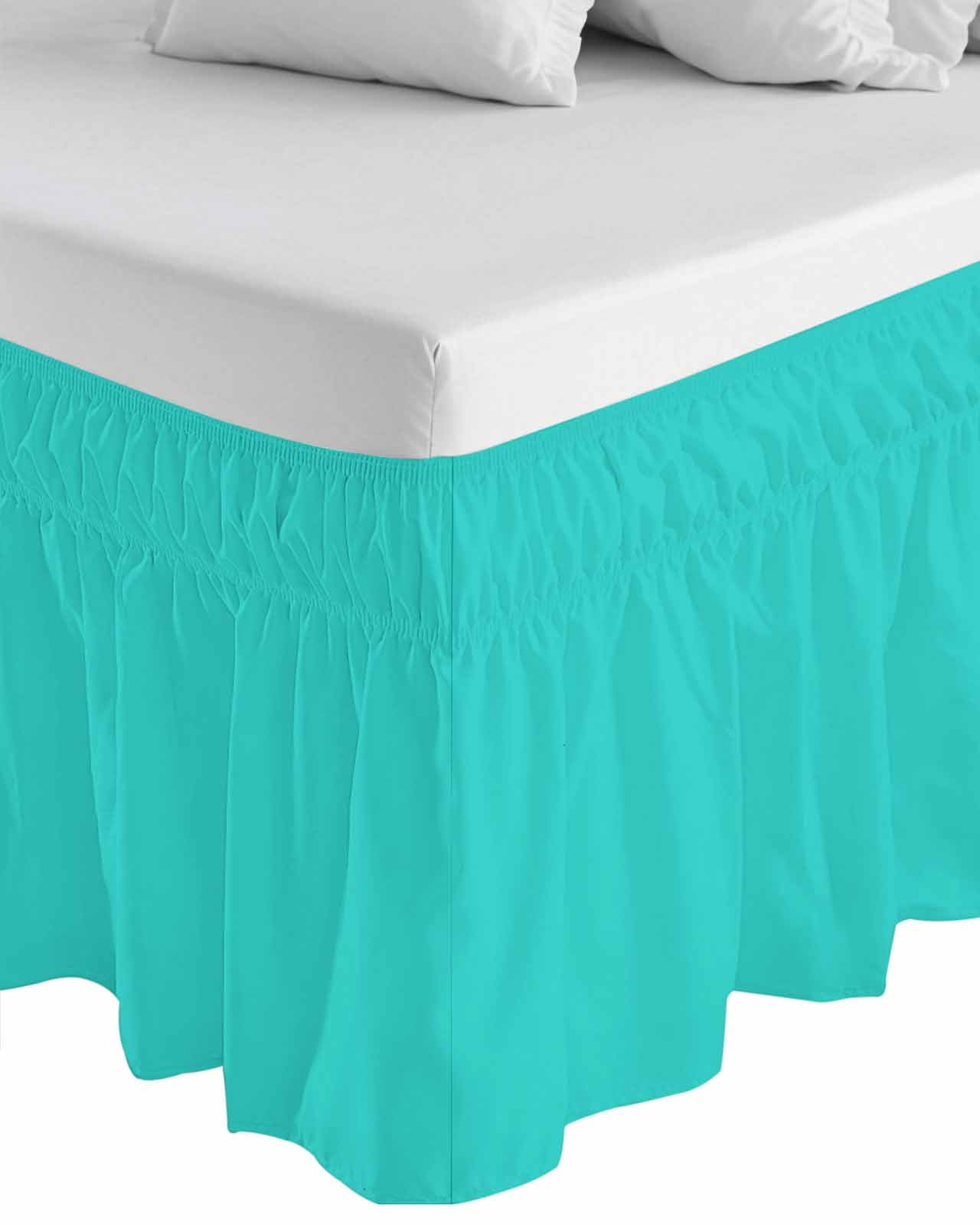Turquoise Wrap Around Bed Skirts for Queen Bed 16" Drop, Bed Skirt with Adjustable Elastic Belt Dust Ruffle Bed Valance for Bedroom Hotel Luxury Modern Pure Turquoise Bed Frame Cover