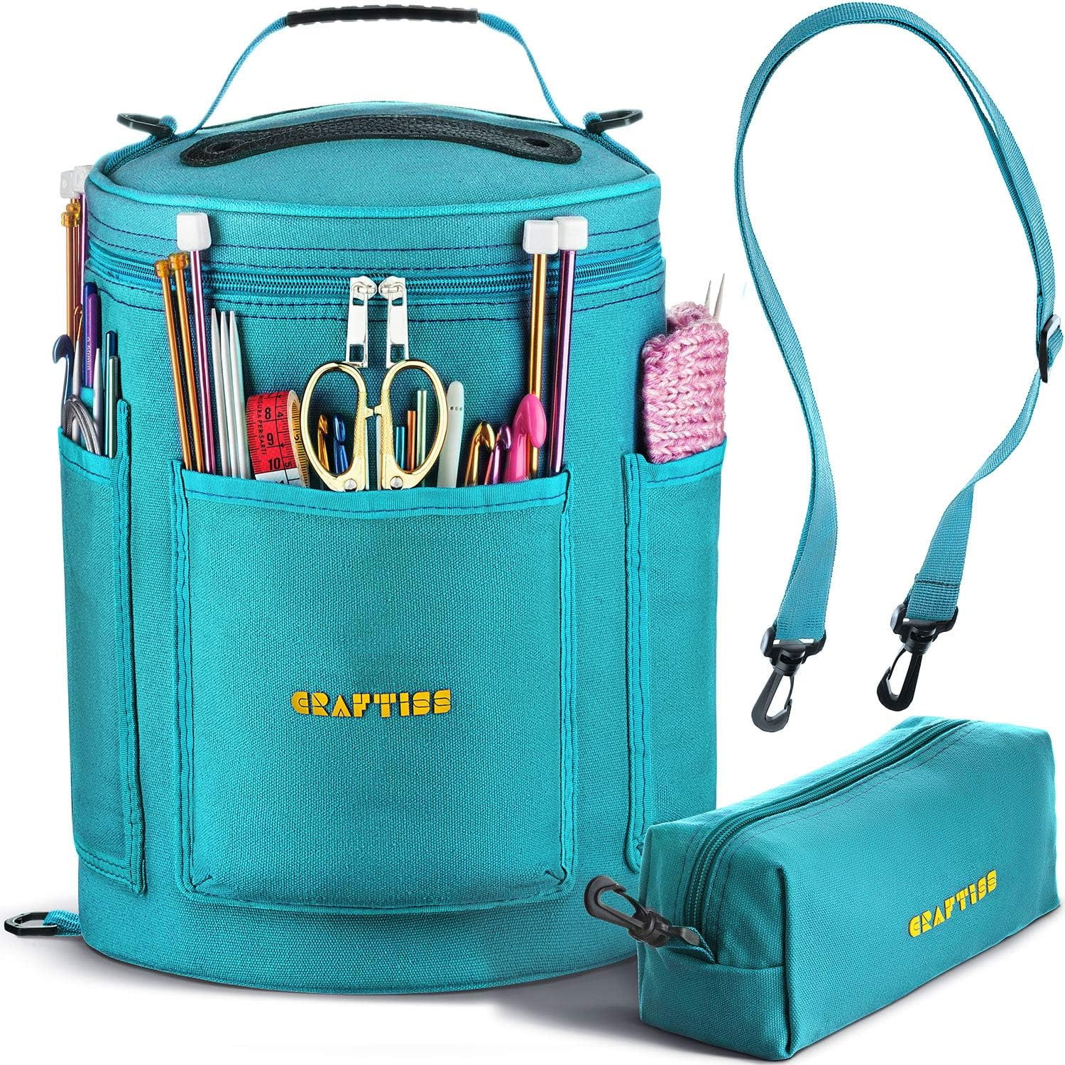Craftiss Yarn Storage Bag - Turquoise Tote Yarn Bag, Durable Knitting and Crochet Organizer with Needle Case